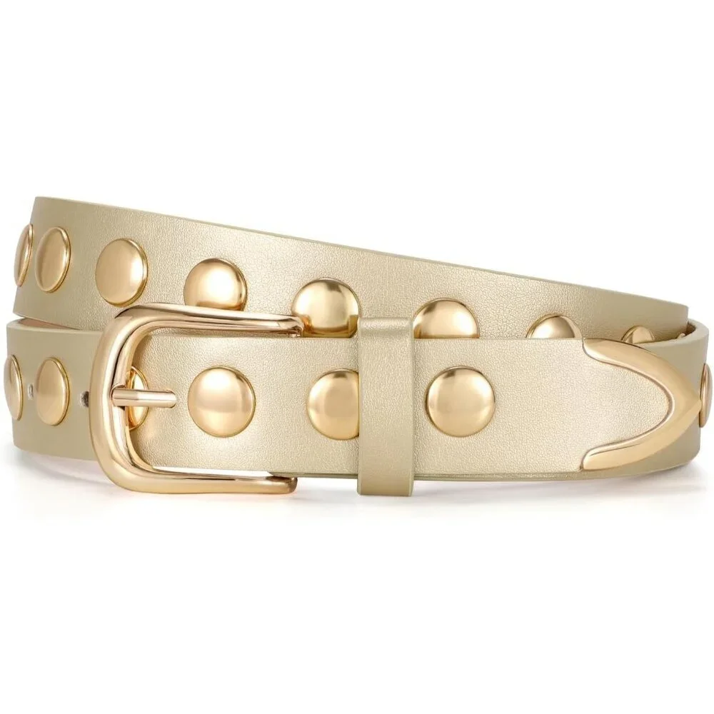 Women's Gold Fashion Leather Belt Punk Studded Belt for Jeans Pants Dresses